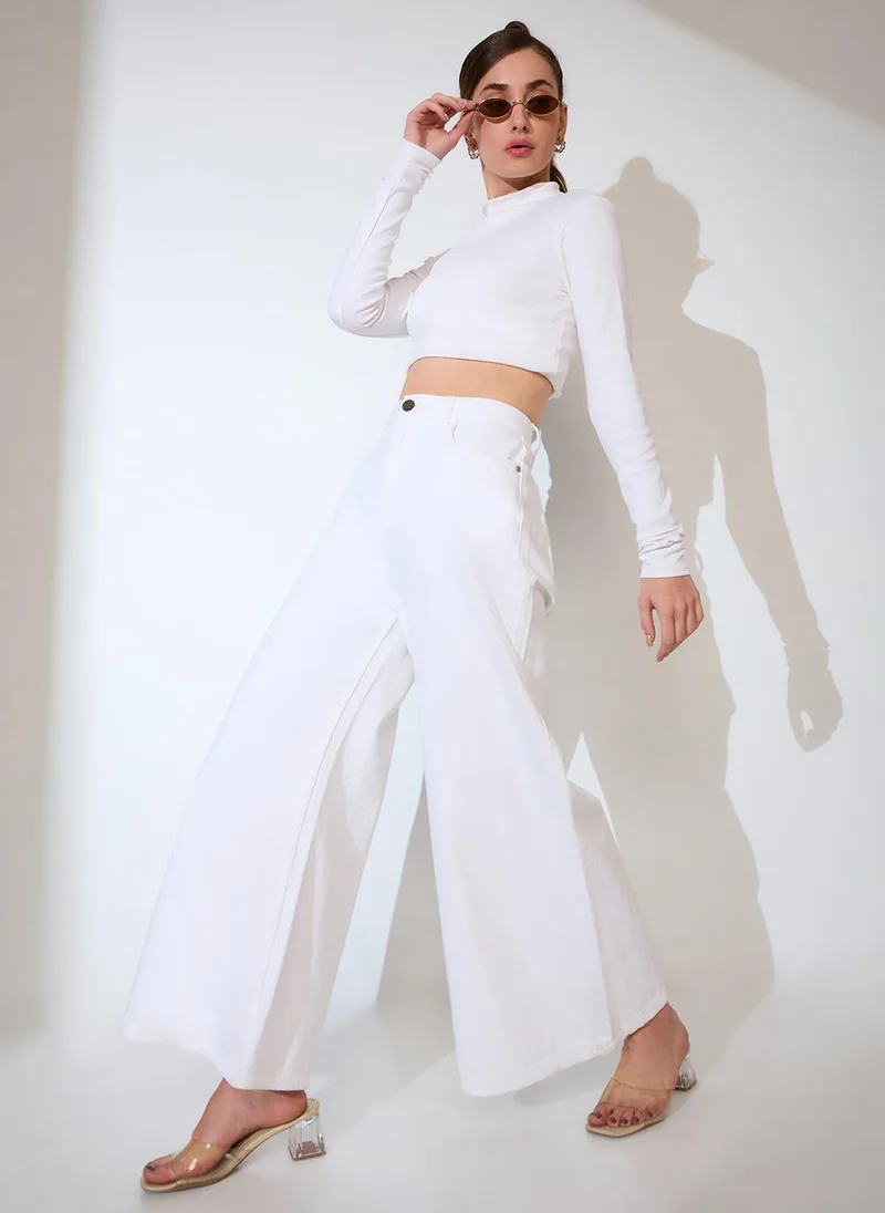 جلو باص جينز نسائي جلوبس قطن سادة واسع من الأسفل بخصر متوسط